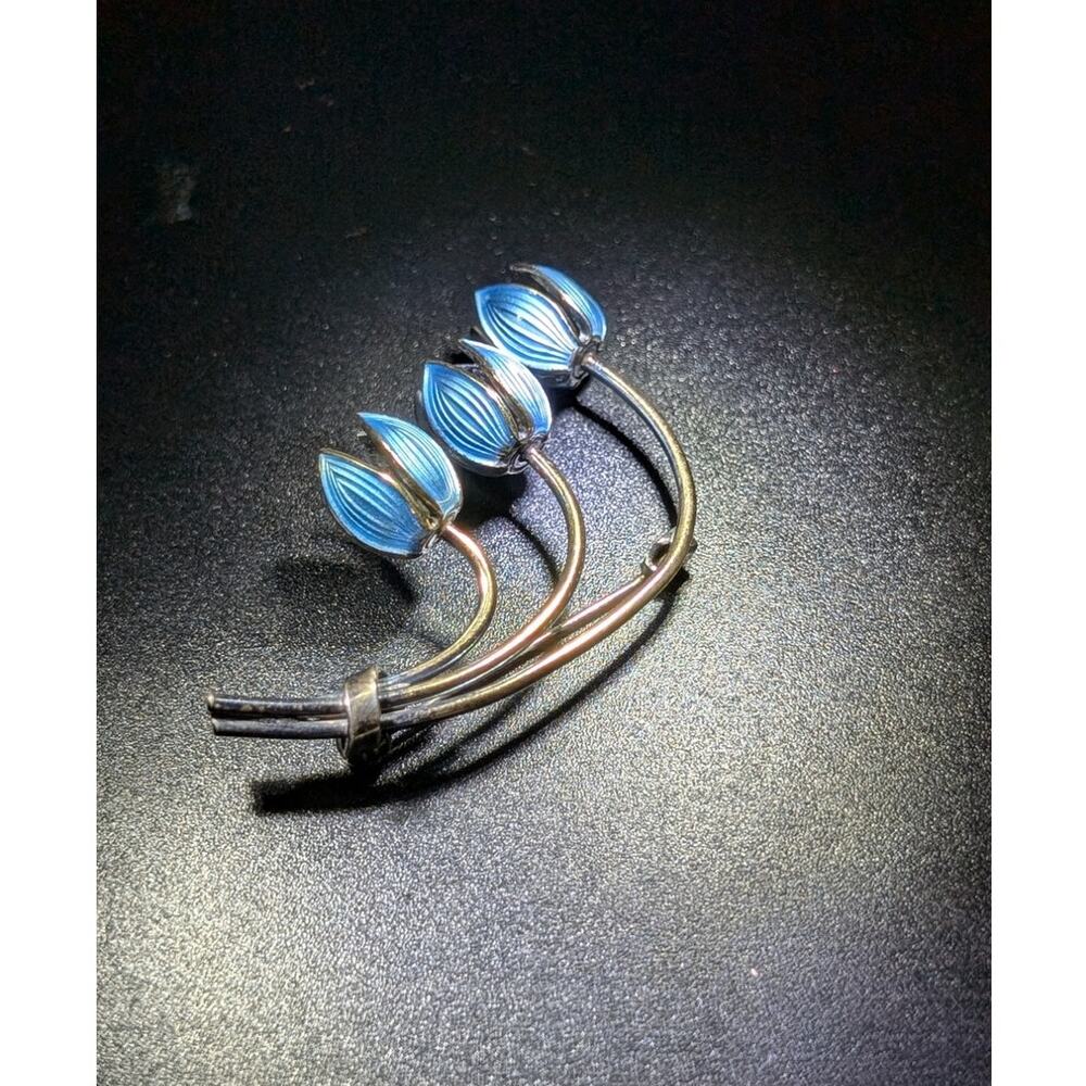 VTG Mid Century Norway 925 Silver 3 Blue Lily Of The Valley Enamel Brooch/Pin - Picture 4 of 8